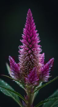 Close up of a celosia flower with water droplets on its petals against a dark background photo