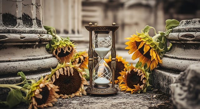 Hourglass surrounded by sunflowers near stone columns in a classical setting outdoors photo