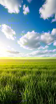 A vibrant green field stretches under a bright blue sky filled with fluffy white clouds on a sunny day photo