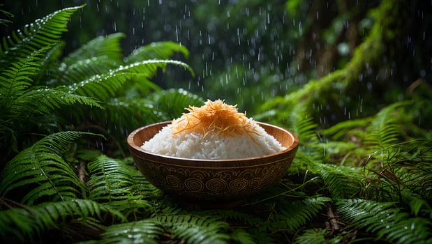 Serving Rice in Wooden Bowl Surrounded by Green Ferns in Rain photo
