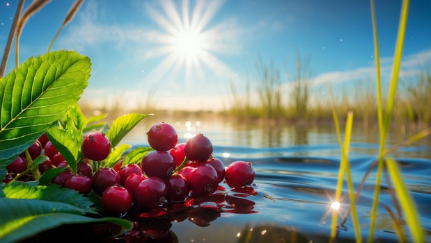 Red Berries Floating on Water with Bright Sunny Sky Above photo
