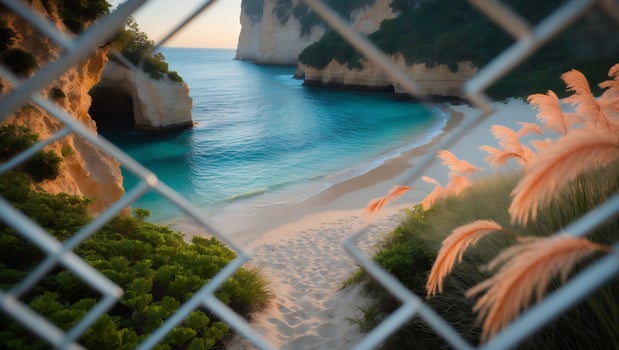 Coastal Beach Framed by Fence and Pampas Grass in Tropical Setting photo