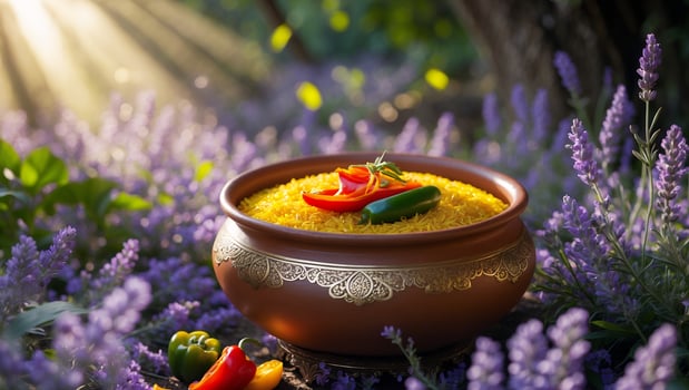 Serving Bowl of Yellow Rice Garnished with Peppers in Lavender Field photo