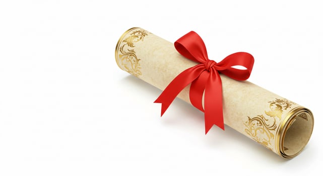 Rolled Elegant Diploma with Red Ribbon on White Background photo