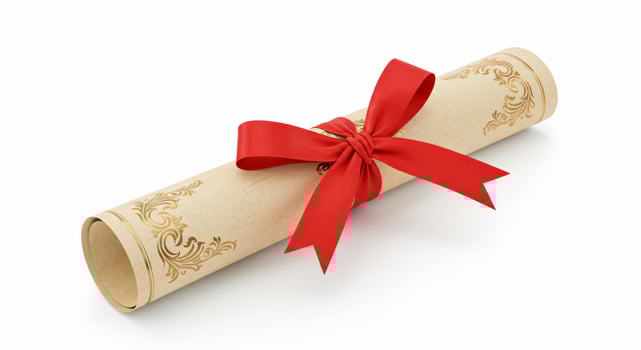 Elegant Diploma with Red Ribbon Rolled on White Background photo