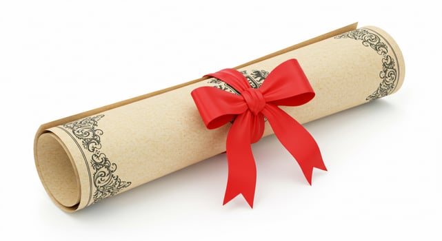 Elegant Rolled Diploma with Red Ribbon on White Background photo
