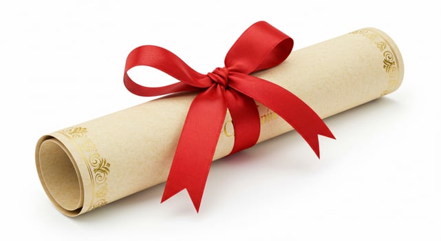 Elegant Rolled Certificate with Gold Border and Red Ribbon on White photo