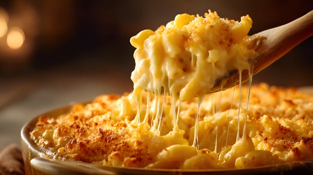 Creamy mac and cheese being scooped with wooden spoon photo