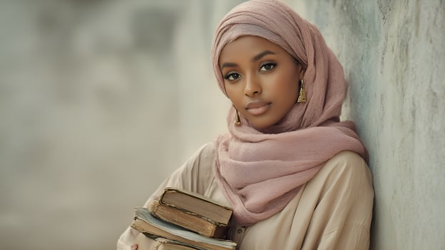 Young muslim woman holding old books and wearing a hijab photo