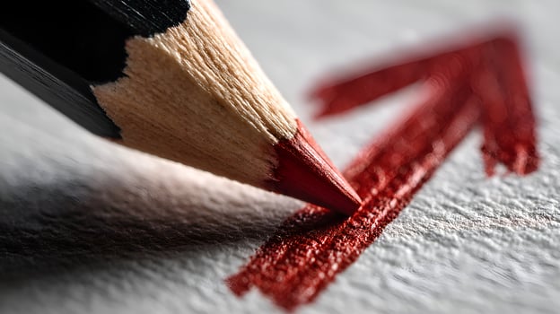 Red pencil drawing upward arrow on white paper photo