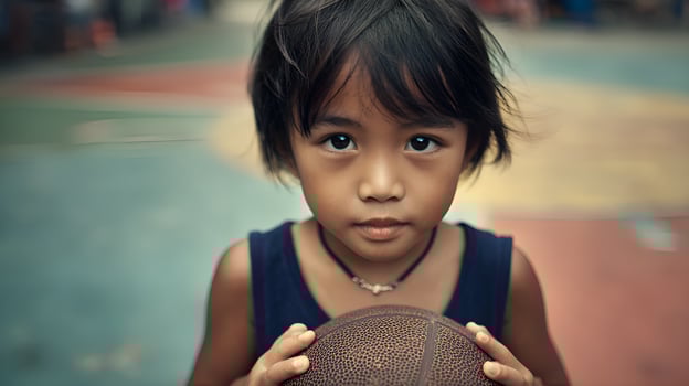 Young filipino child holding basketball in urban setting photo