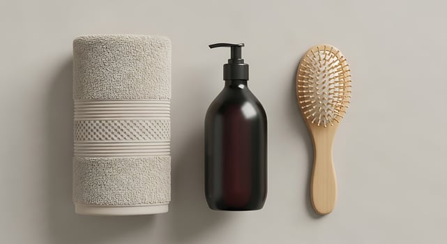 Minimalist bathroom essentials towel soap dispenser and brush photo