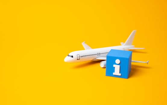 Airplane and information symbol. Get information about flights, conditions and services. Airline customer support, passenger rights. Travel planning. photo