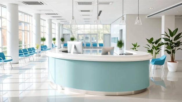 A modern reception area with blue chairs photo