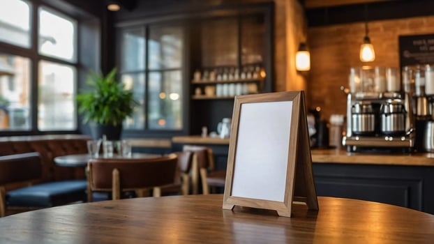 A blank sign on a table in a coffee shop photo