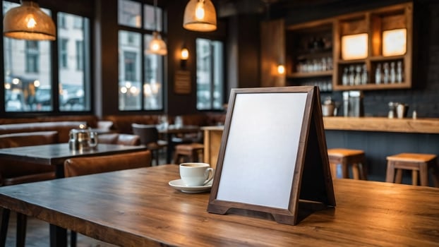 A blank sign on a table in a restaurant photo