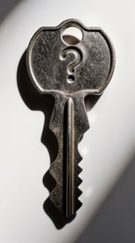 Metallic question mark key with shadow on white photo