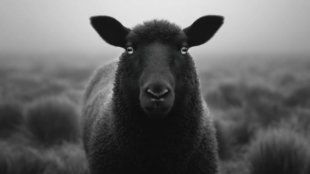 Closeup of black sheep in foggy field photo