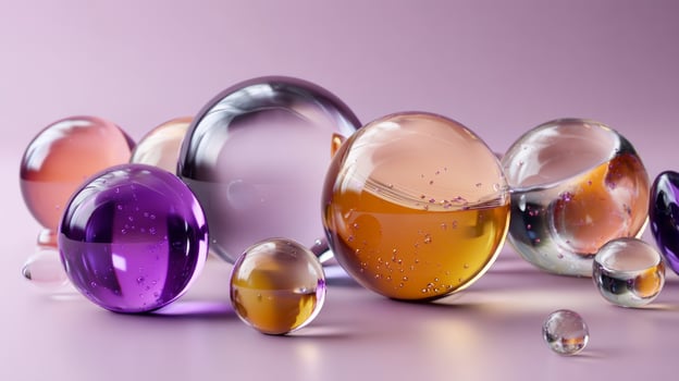 Multiple colorful transparent spheres of varying sizes are creating an abstract composition on a purple background, with some spheres containing liquid and small bubbles photo