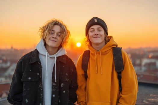 Two young men standing in front of a sunset photo