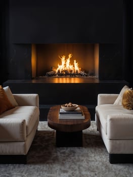 A cozy fire in a gorgeous fireplace in the living room with two armchairs photo