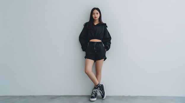 Young Woman in Black Outfit Posing Against Gray Wall in Studio photo