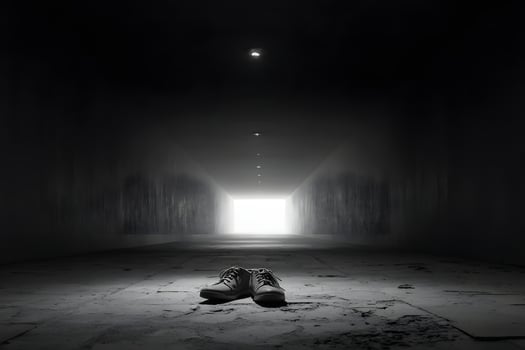 Lost Shoes in Dimly Lit Tunnel Leading to Bright Light photo