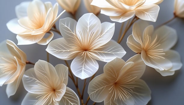 Ethereal translucent flowers with fine ivory petals and muted gray background photo