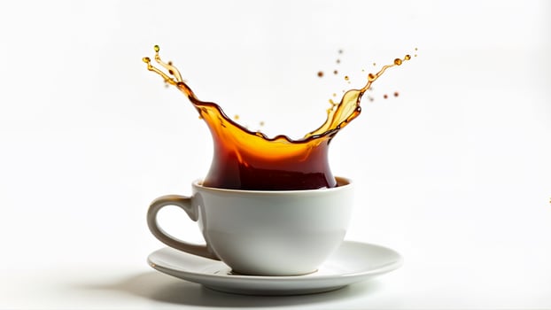 Coffee splashes from a white ceramic cup, isolated on a clean white background. Suitable for illustrating beverage freshness, energy, and morning drink concepts in advertising or editorial content. photo
