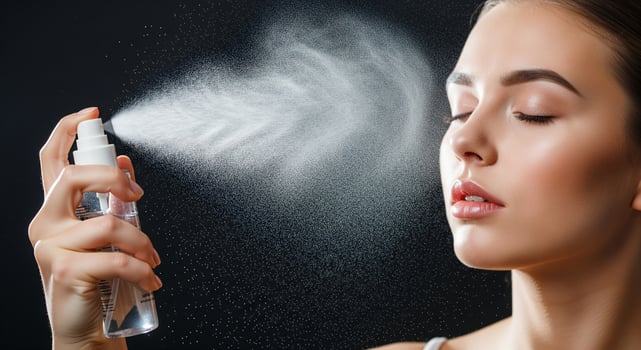 A woman is spraying a spray bottle with a white powder photo