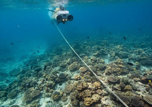 A person in a boat is underwater with a camera photo