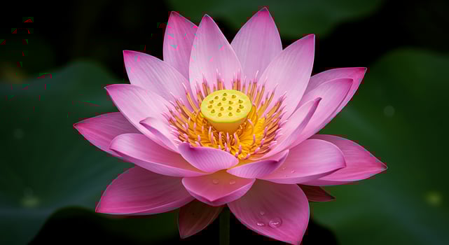 A pink lotus flower with a yellow center photo