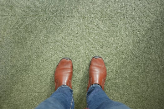 Brown shoes on green carpet while standing indoors photo