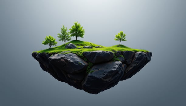 Floating Island with Lush Green Trees and Pebbled Rocks in a Calm Atmosphere photo