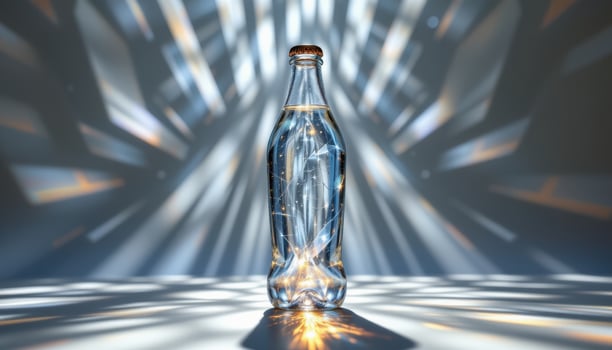 Sparkling Water Bottle with Light Reflections and Artistic Background Effects photo
