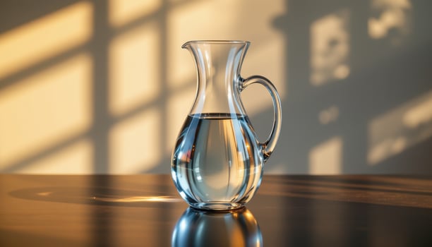 Elegant Glass Pitcher Filled with Clear Water on Wooden Table Under Soft Lighting photo
