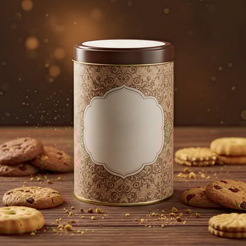 Decorative Cookie Tin Mockup with Cookies and Crumbs photo