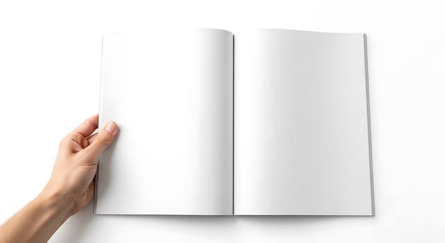Open Blank Magazine Held by Hand on White Background photo