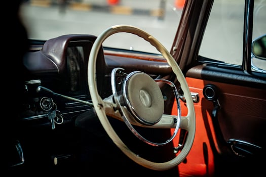 Vintage Classic car steering wheel, with chrome and leather textures in sharp detail, showcases the quality and precision of automotive craftsmanship under natural light.dxd photo