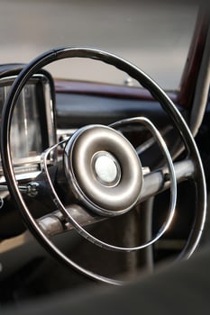 Vintage Classic car steering wheel, with chrome and leather textures in sharp detail, showcases the quality and precision of automotive craftsmanship under natural light.czc photo