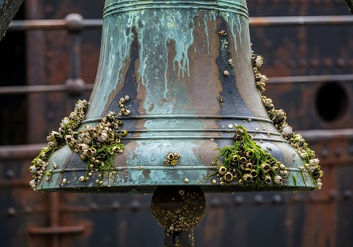 A rusty bell with moss growing on it photo
