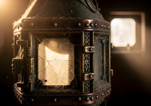 An old lantern with a light shining through it photo