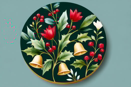 Christmas floral composition with golden bells, red berries and green leaves decorating a dark green circle photo