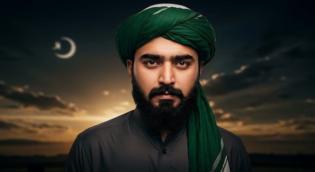 A man with a green turban and beard photo