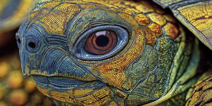 Artistic digital illustration of a turtle's head and shell using geometric tessellation patterns and sharp angular lines photo