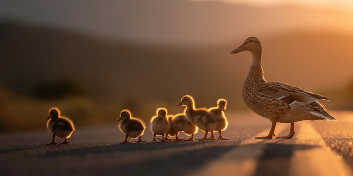 Mama Duck takes all her duckling children across the street. photo