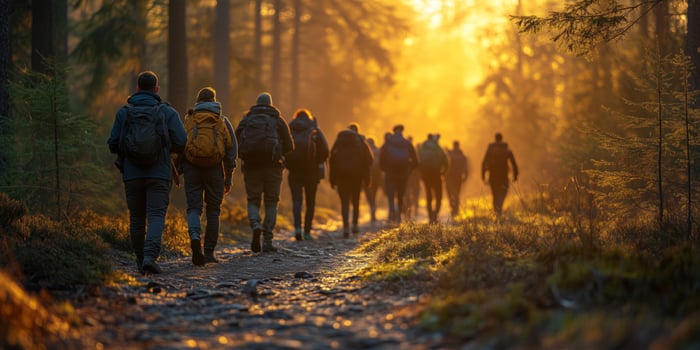 a group of friends taking a walk, all engaging in conversation without phones in hand, scenic forest path photo