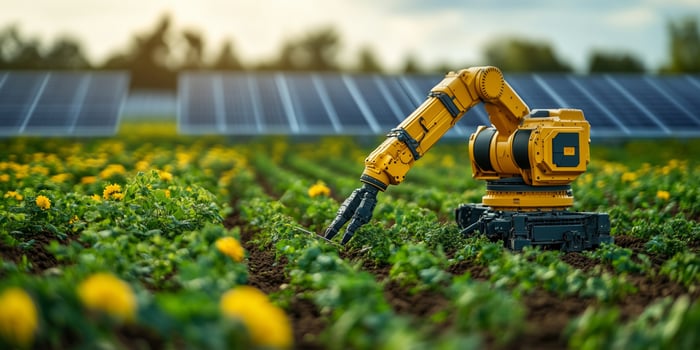 a smart robotic arm planting seeds in precise rows in a large field, solar panels visible in the background, right side empty for text photo