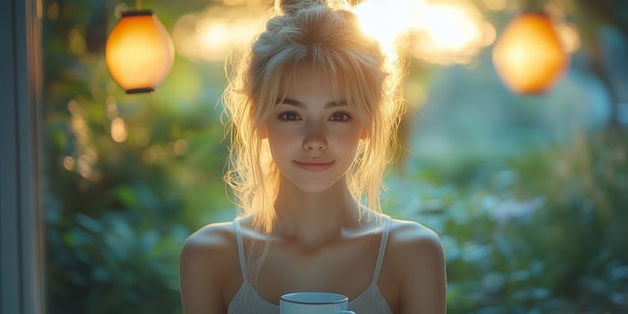 a young woman turning off notifications on her smartphone while enjoying tea in a serene garden photo