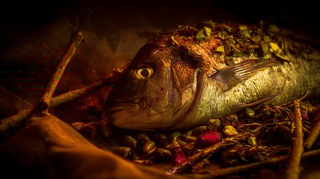 Prepared Whole Fish with Herbs and Garnish on Dark Background. photo